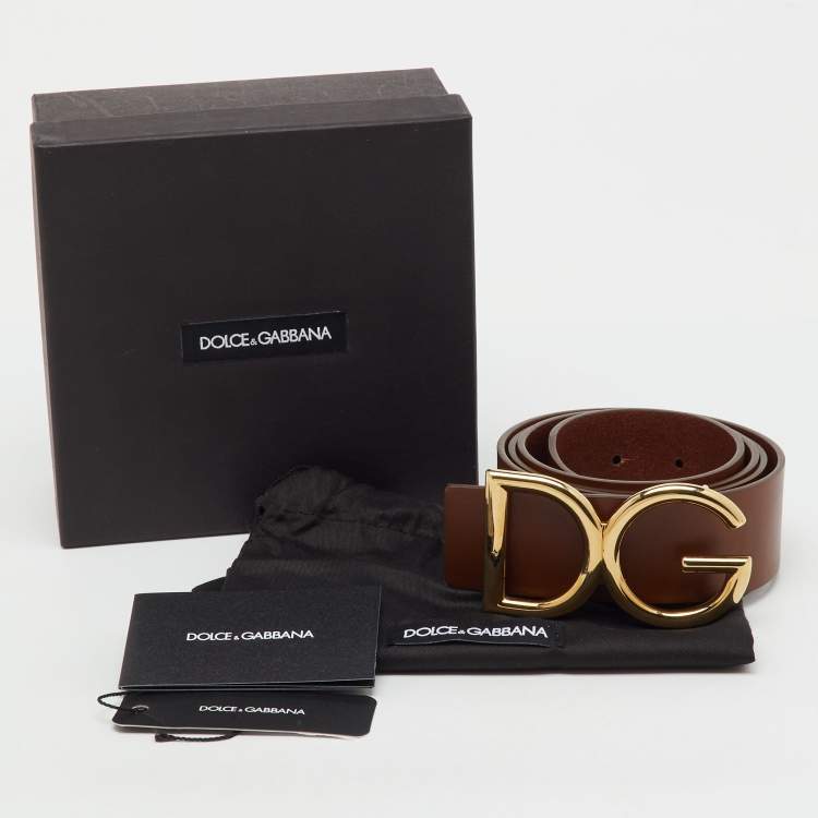 Pre Owned Dolce & Gabbana Brown Leather DG Logo Buckle Belt 100CM