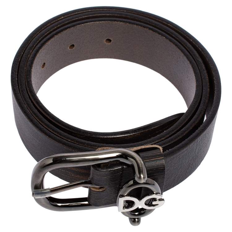 Pre Owned Dolce & Gabbana Black/Brown Textured Leather Logo Buckle Belt 95CM