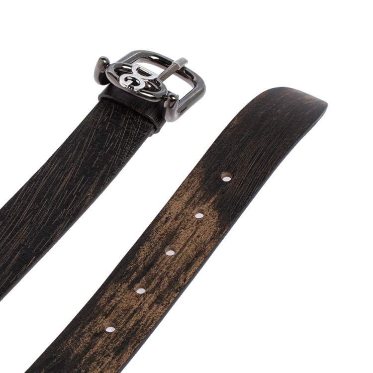 Pre Owned Dolce & Gabbana Black/Brown Textured Leather Logo Buckle Belt 95CM