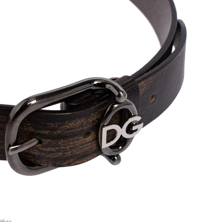 Pre Owned Dolce & Gabbana Black/Brown Textured Leather Logo Buckle Belt 95CM