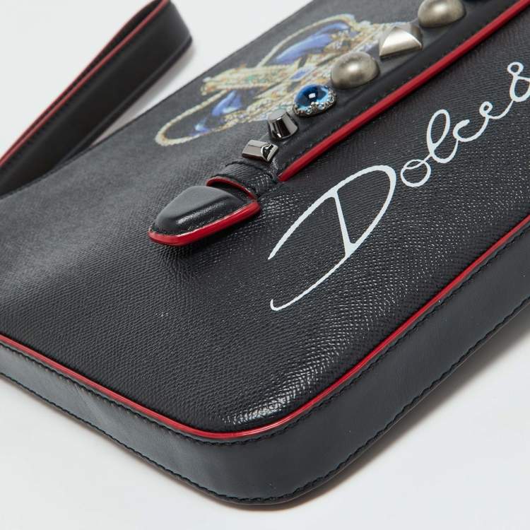 Pre Owned Dolce & Gabbana Black Leather Studded Crown Print Pouch Briefcase
