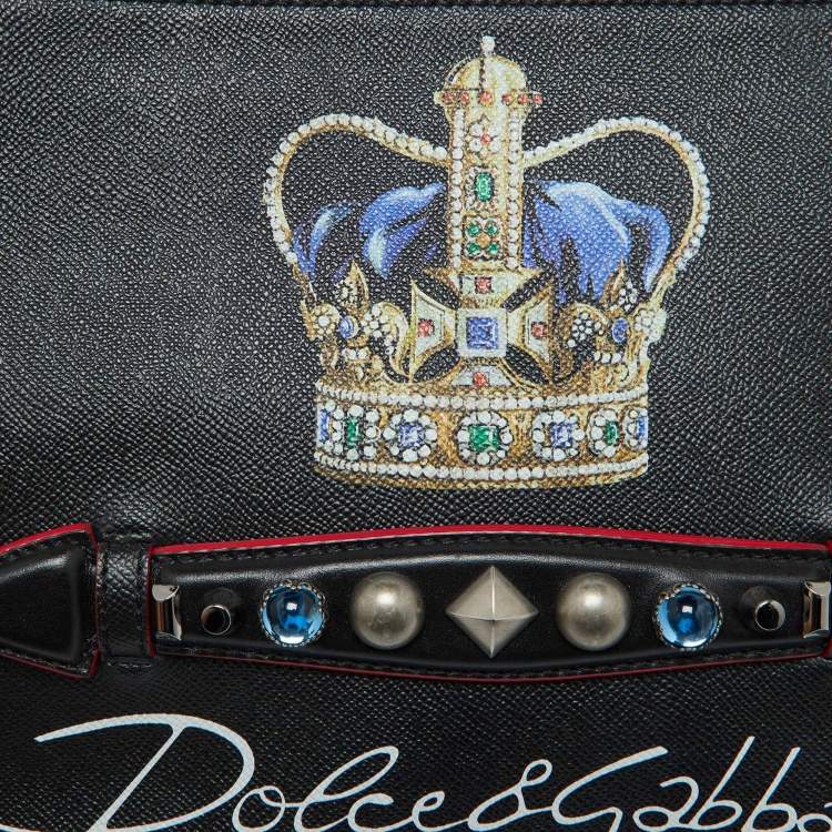 Pre Owned Dolce & Gabbana Black Leather Studded Crown Print Pouch Briefcase