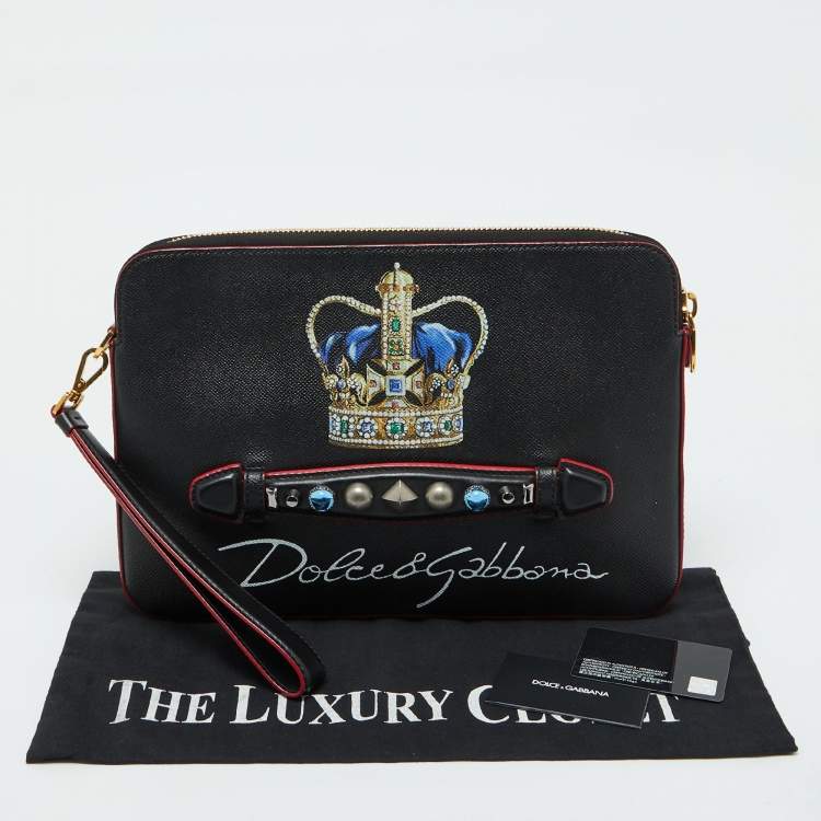 Pre Owned Dolce & Gabbana Black Leather Studded Crown Print Pouch Briefcase