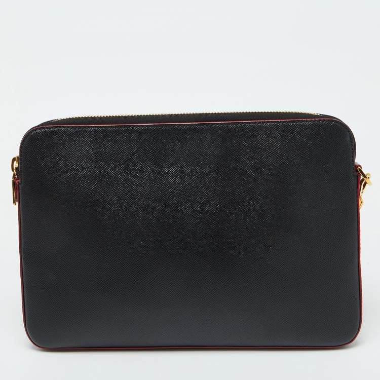 Pre Owned Dolce & Gabbana Black Leather Studded Crown Print Pouch Briefcase