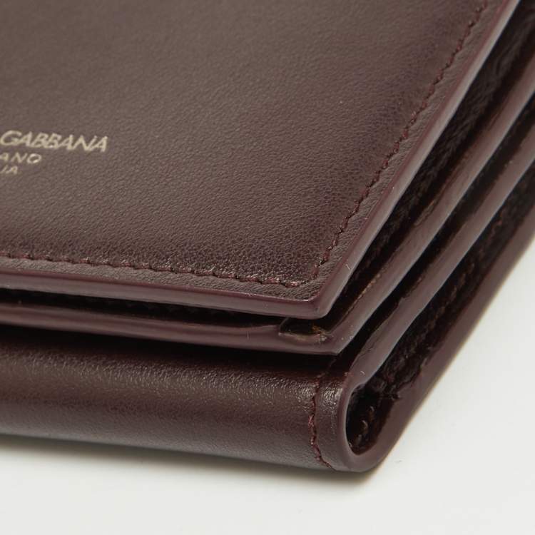 Pre Owned Dolce & Gabbana Burgundy Leather Trifold Card Case
