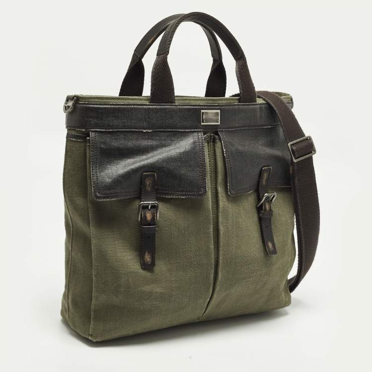 Pre Owned Dolce & Gabbana Green/Dark Brown Distressed Finish Canvas Tote