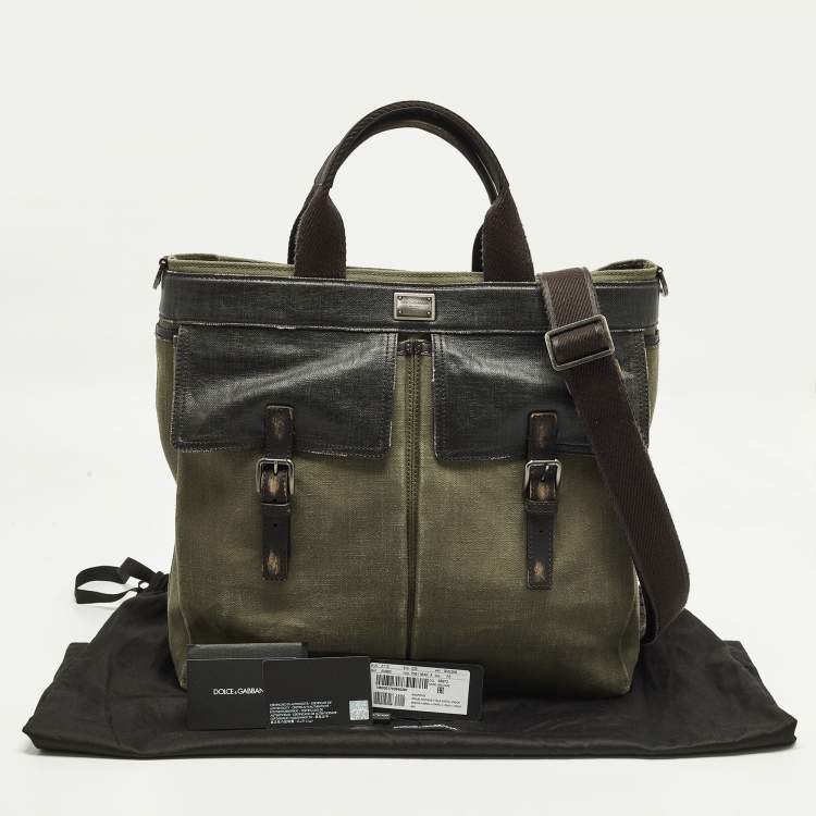 Pre Owned Dolce & Gabbana Green/Dark Brown Distressed Finish Canvas Tote