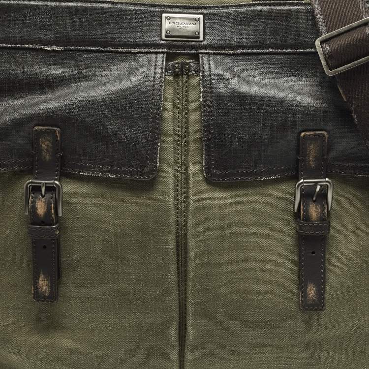 Pre Owned Dolce & Gabbana Green/Dark Brown Distressed Finish Canvas Tote