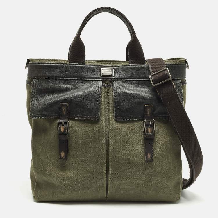 Pre Owned Dolce & Gabbana Green/Dark Brown Distressed Finish Canvas Tote