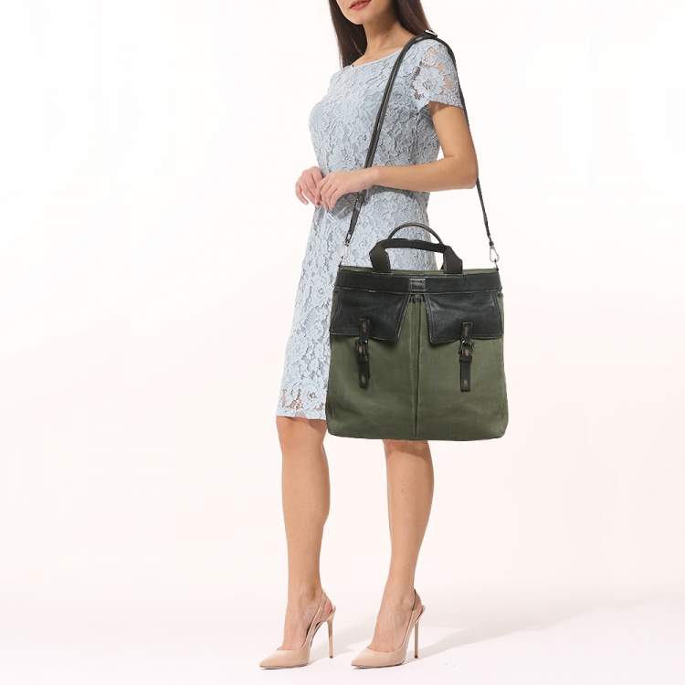 Pre Owned Dolce & Gabbana Green/Dark Brown Distressed Finish Canvas Tote