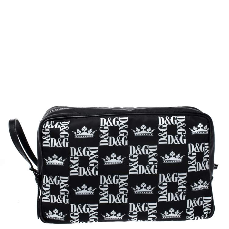 Pre Owned Dolce & Gabbana Black Crown Print Nylon and Leather Pouch