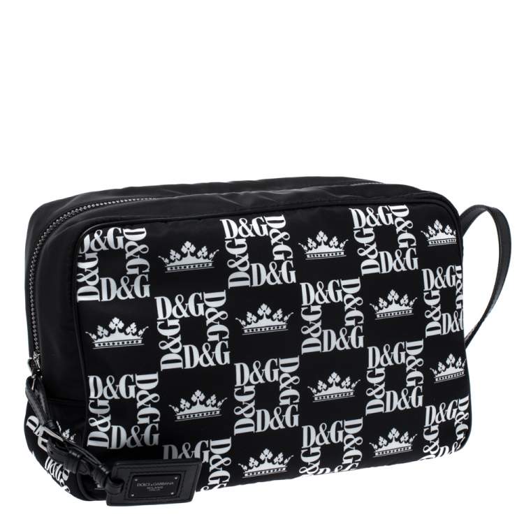 Pre Owned Dolce & Gabbana Black Crown Print Nylon and Leather Pouch