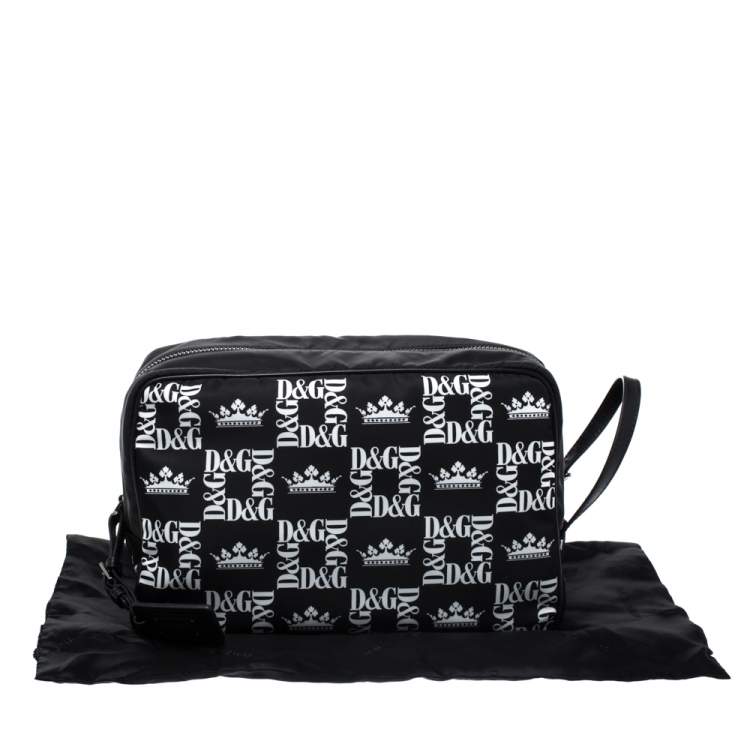 Pre Owned Dolce & Gabbana Black Crown Print Nylon and Leather Pouch