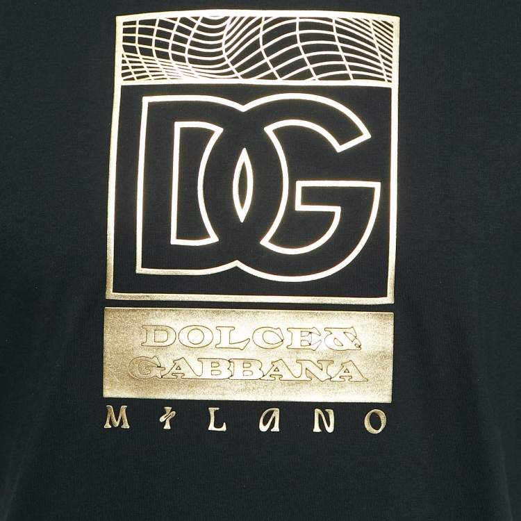 Pre Owned Dolce & Gabbana Black/Gold Logo Print Cotton Jersey T-Shirt M