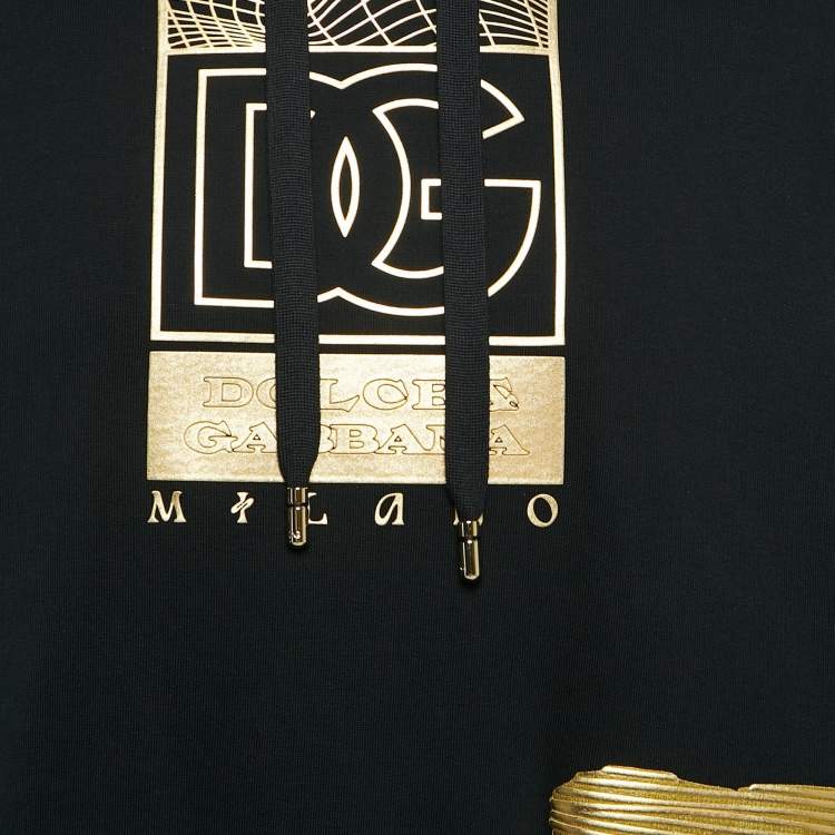 Pre Owned Dolce & Gabbana Black/Gold Logo Print Cotton Knit Hoodie M