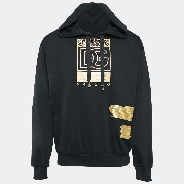 Pre Owned Dolce & Gabbana Black/Gold Logo Print Cotton Knit Hoodie M
