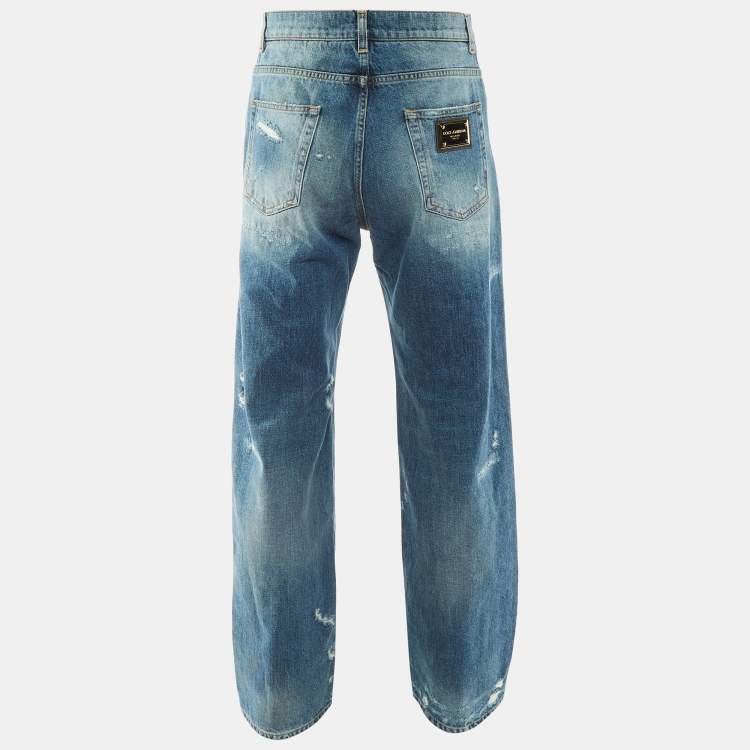 Pre Owned Dolce & Gabbana Blue Denim Distressed Loose Fit Jeans XS/Waist 31"
