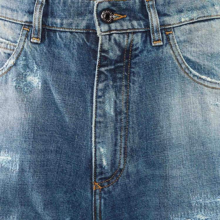 Pre Owned Dolce & Gabbana Blue Denim Distressed Loose Fit Jeans XS/Waist 31"
