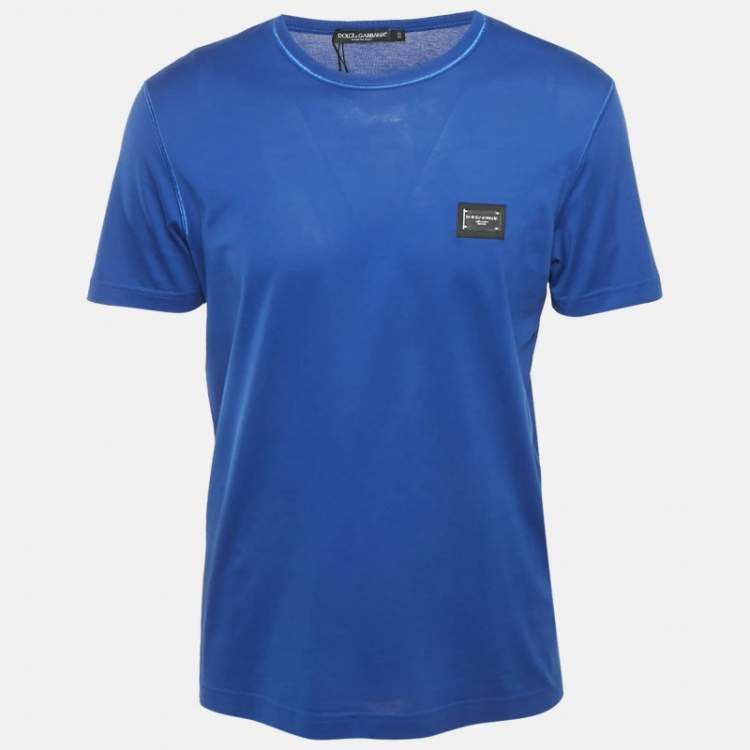 Pre Owned Dolce & Gabbana Royal Blue Cotton Logo Plaque Crew Neck T-Shirt L
