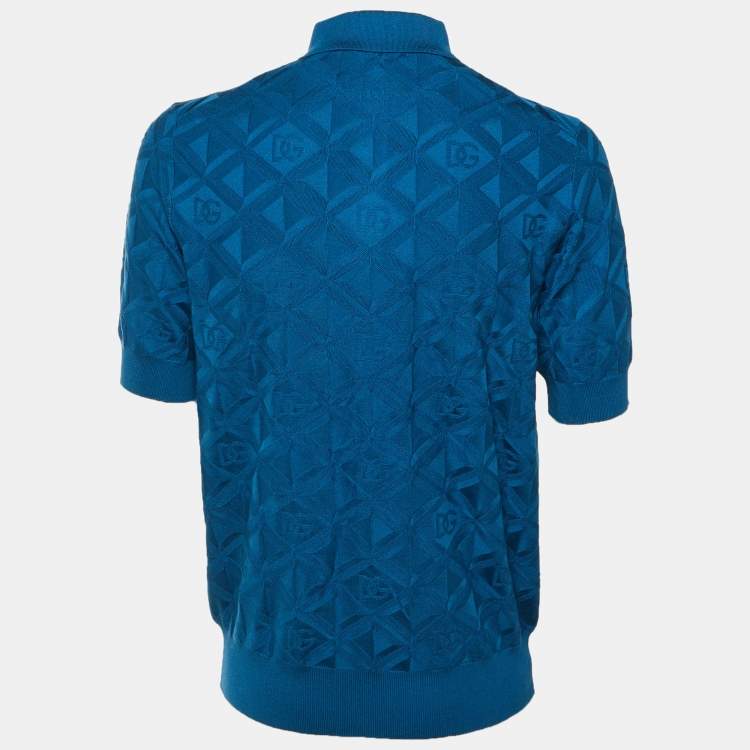Pre Owned Dolce & Gabbana Blue DG Geometric Pattern Silk Knit Polo T-Shirt M