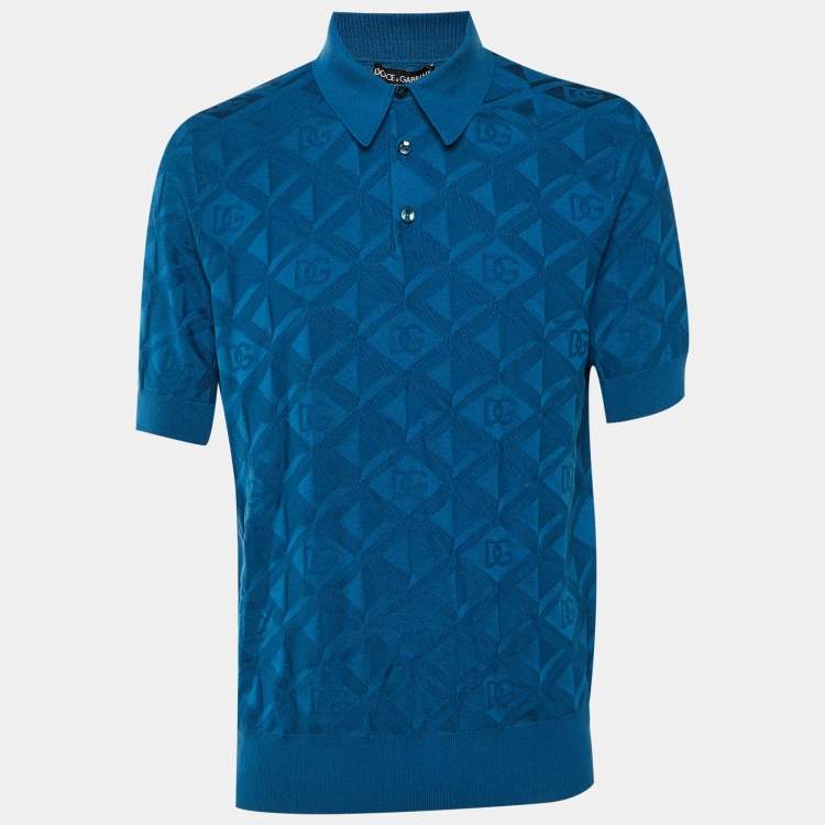 Pre Owned Dolce & Gabbana Blue DG Geometric Pattern Silk Knit Polo T-Shirt M