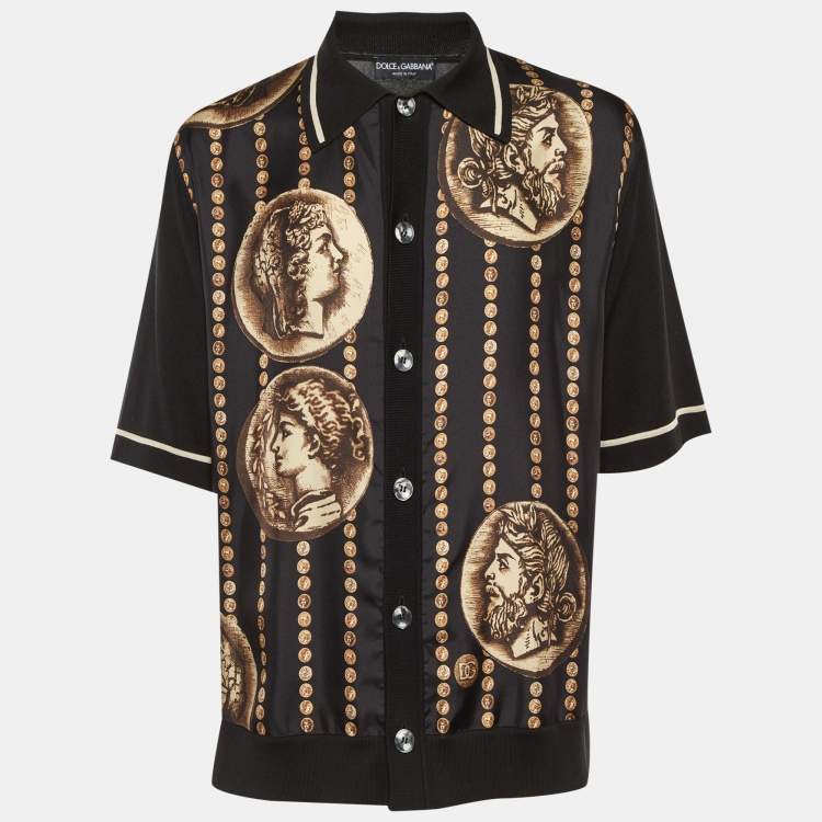 Pre Owned Dolce & Gabbana Black Printed Silk & Knit Short Sleeve Shirt M