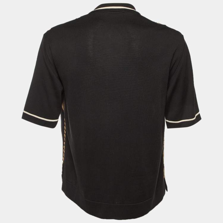 Pre Owned Dolce & Gabbana Black Printed Silk & Knit Short Sleeve Shirt M