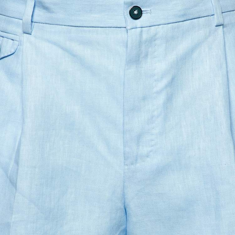 Pre Owned Dolce & Gabbana Blue Linen Pleated Shorts M/Waist 35"