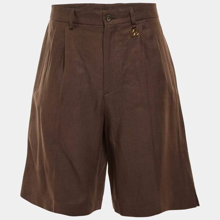 Pre Owned Dolce & Gabbana Brown Linen Logo Detail Bermuda Shorts M