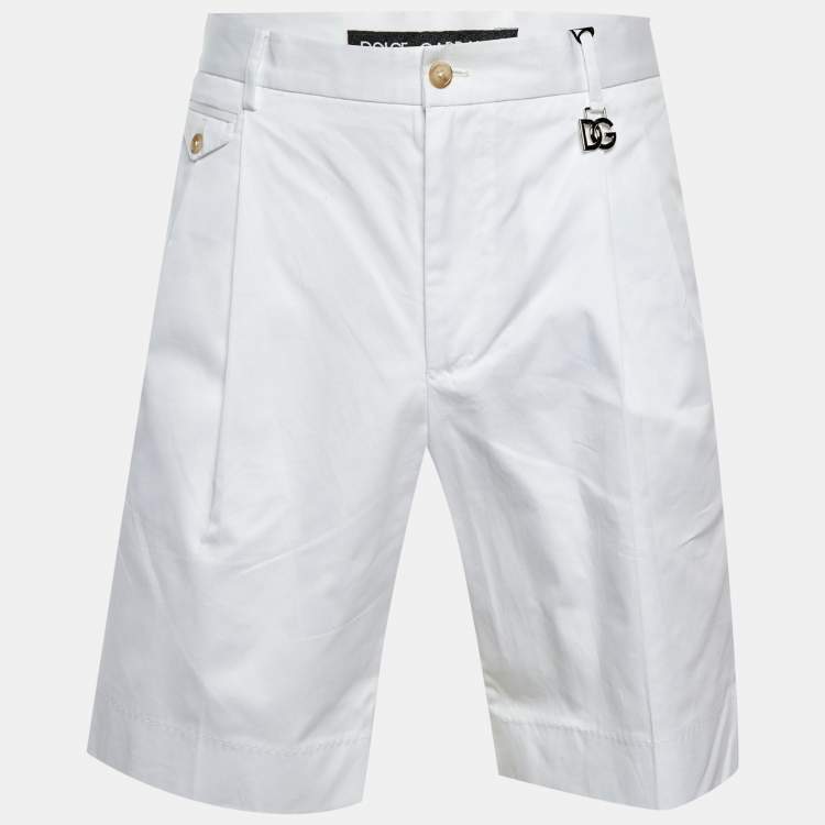 Pre Owned Dolce & Gabbana White Cotton DG Charm Pleated Shorts M/Waist 35"