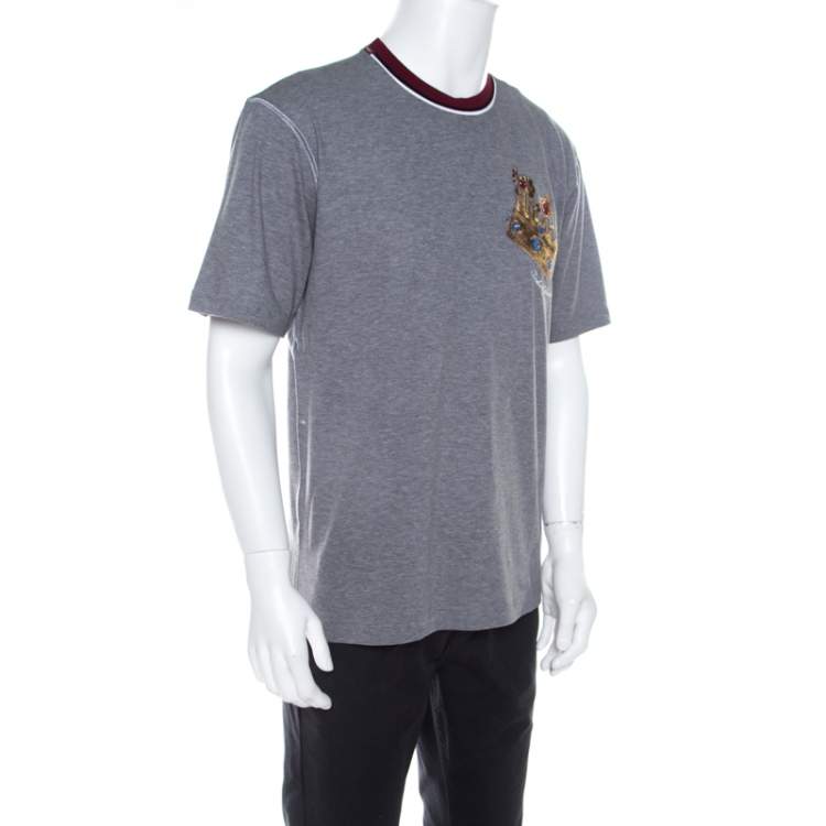 Pre Owned Dolce & Gabbana Grey Cotton Jersey Crown Embroidered T-shirt M
