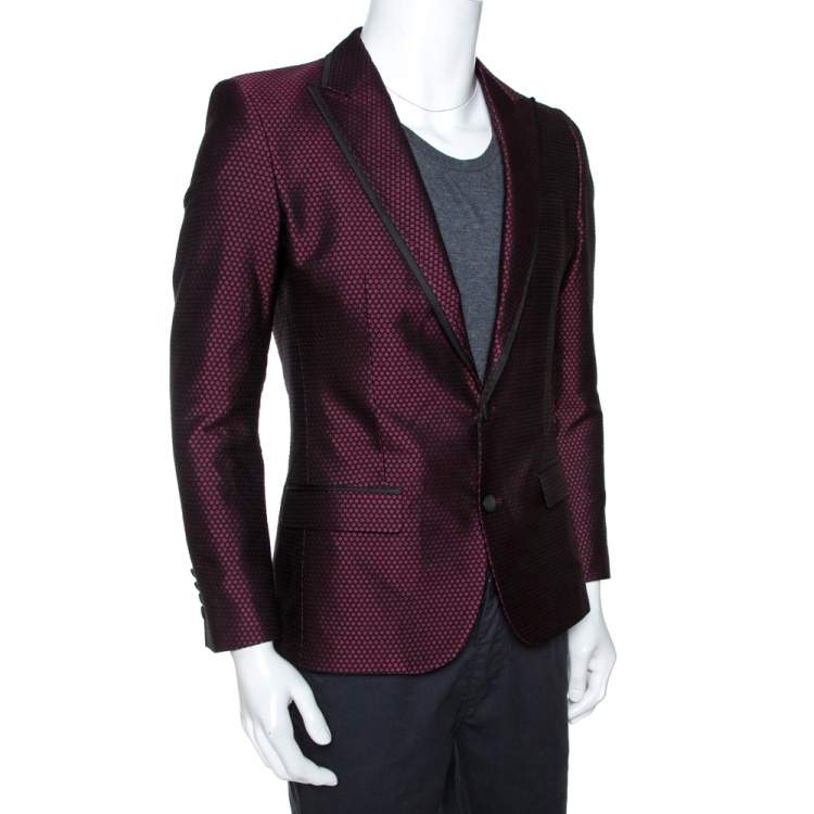 Pre Owned Dolce & Gabbana Burgundy Textured Jacquard Tuxedo Jacket S