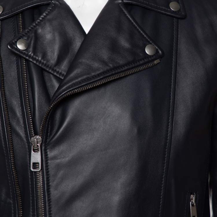 Pre Owned Dolce & Gabbana Navy Blue Leather Quilted Lined Biker Jacket M