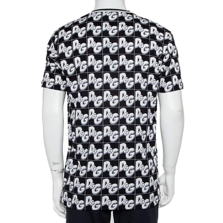 Pre Owned Dolce & Gabbana Black/White All Over Print Cotton Crewneck T-Shirt XL