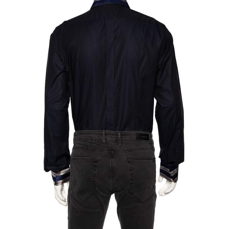 Pre Owned Dolce & Gabbana Navy Blue Cotton Stripe Silk Collared Gold Label Shirt XXL