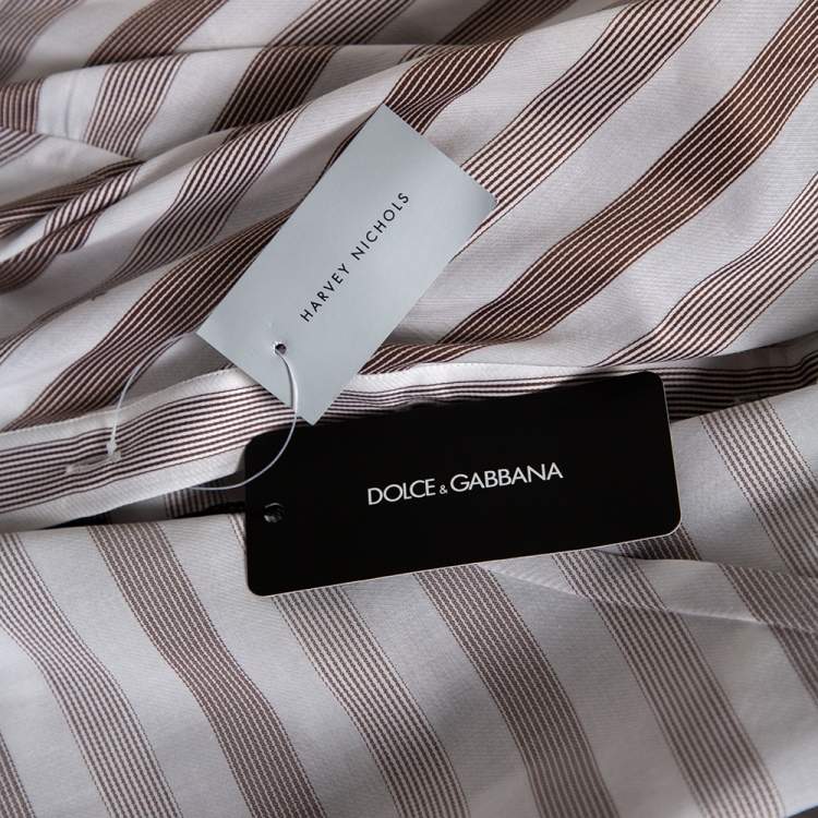 Pre Owned Dolce & Gabbana Brown Diagonal Striped Cotton Contrast Silk Collared Shirt L