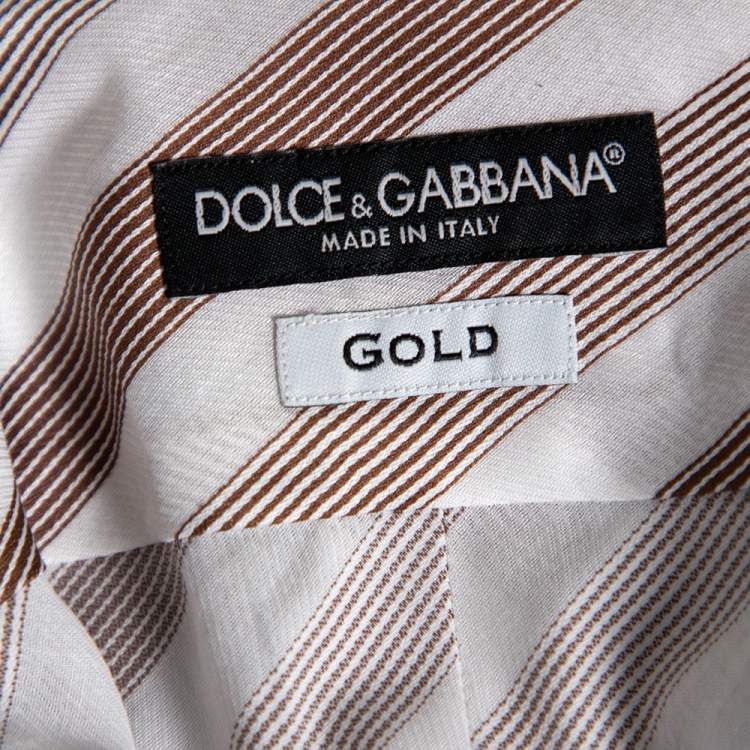 Pre Owned Dolce & Gabbana Brown Diagonal Striped Cotton Contrast Silk Collared Shirt L