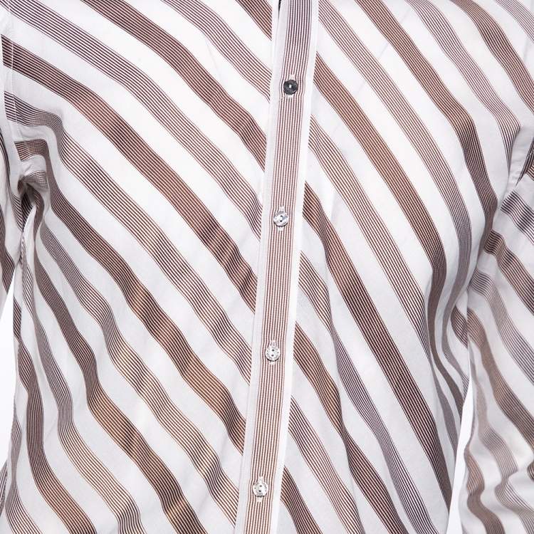 Pre Owned Dolce & Gabbana Brown Diagonal Striped Cotton Contrast Silk Collared Shirt L