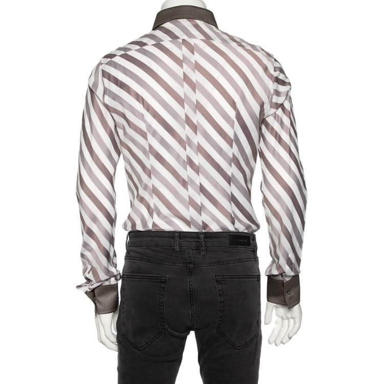 Pre Owned Dolce & Gabbana Brown Diagonal Striped Cotton Contrast Silk Collared Shirt L