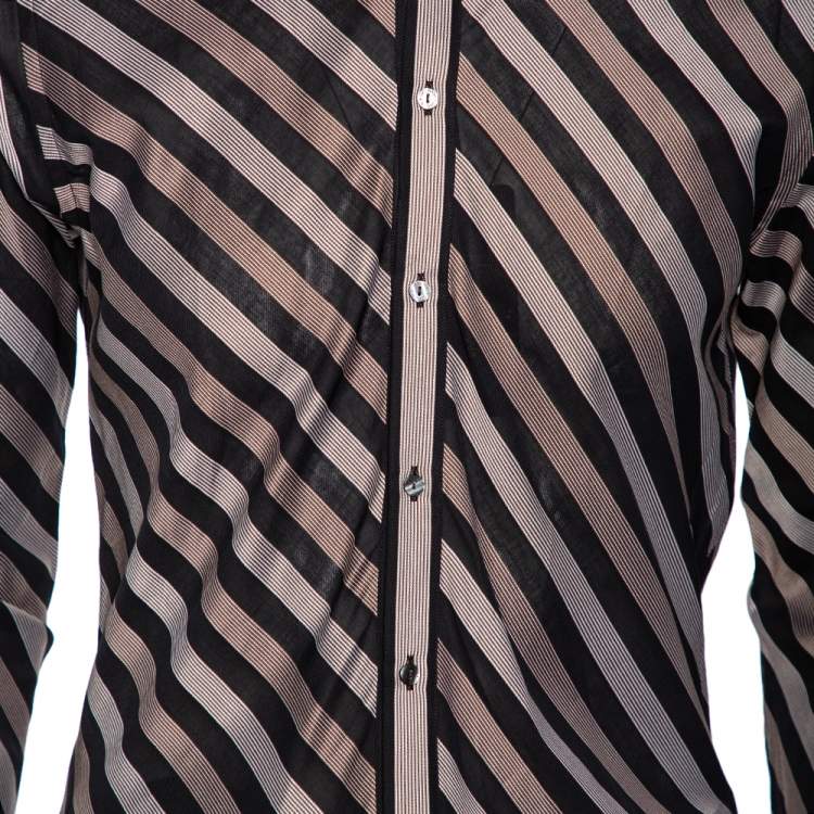 Pre Owned Dolce & Gabbana Brown Diagonal Striped Cotton Contrast Silk Collared Shirt L