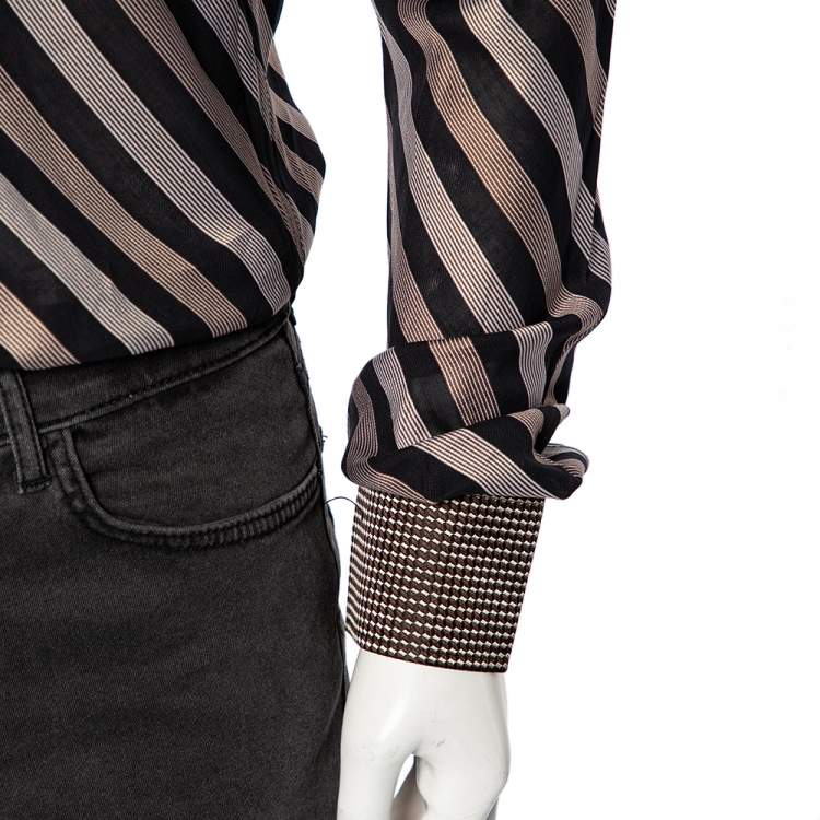 Pre Owned Dolce & Gabbana Brown Diagonal Striped Cotton Contrast Silk Collared Shirt L