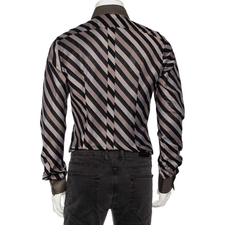 Pre Owned Dolce & Gabbana Brown Diagonal Striped Cotton Contrast Silk Collared Shirt L
