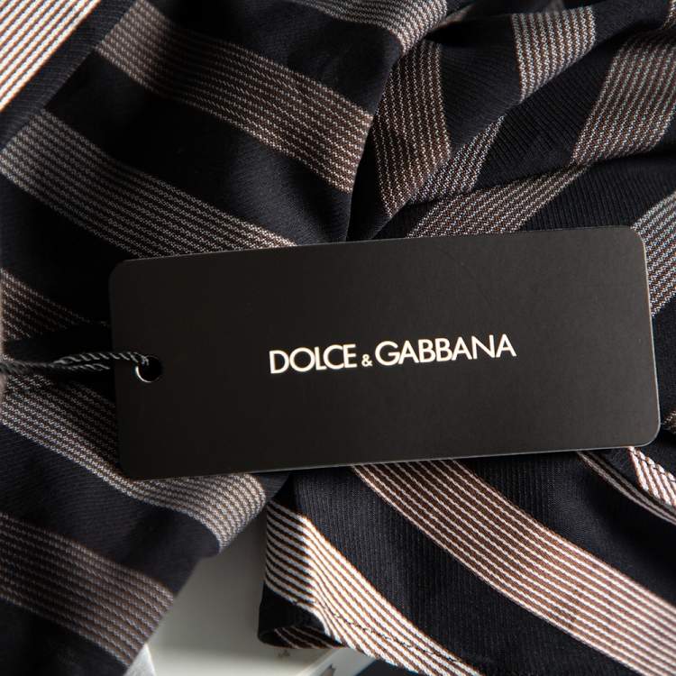 Pre Owned Dolce & Gabbana Brown Diagonal Striped Cotton Contrast Silk Collared Shirt L