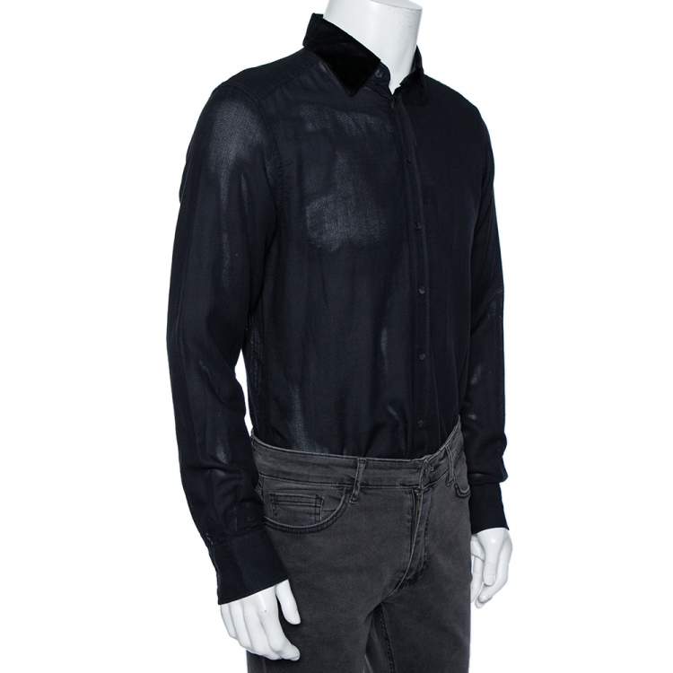 Pre Owned Dolce & Gabbana Black Cotton Mesh Velvet Collar Detail Gold Label Shirt M 