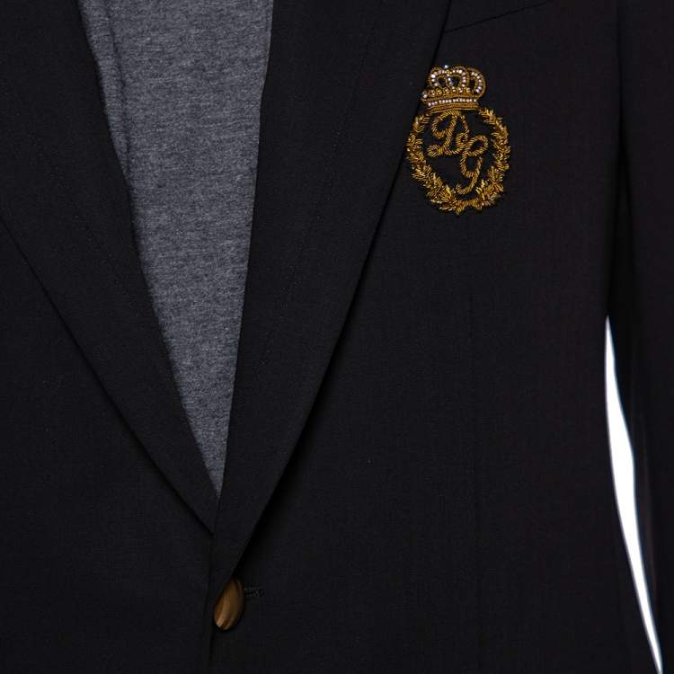 Pre Owned Dolce & Gabbana Black Wool Crown Logo Embroidered Single Breasted Blazer M