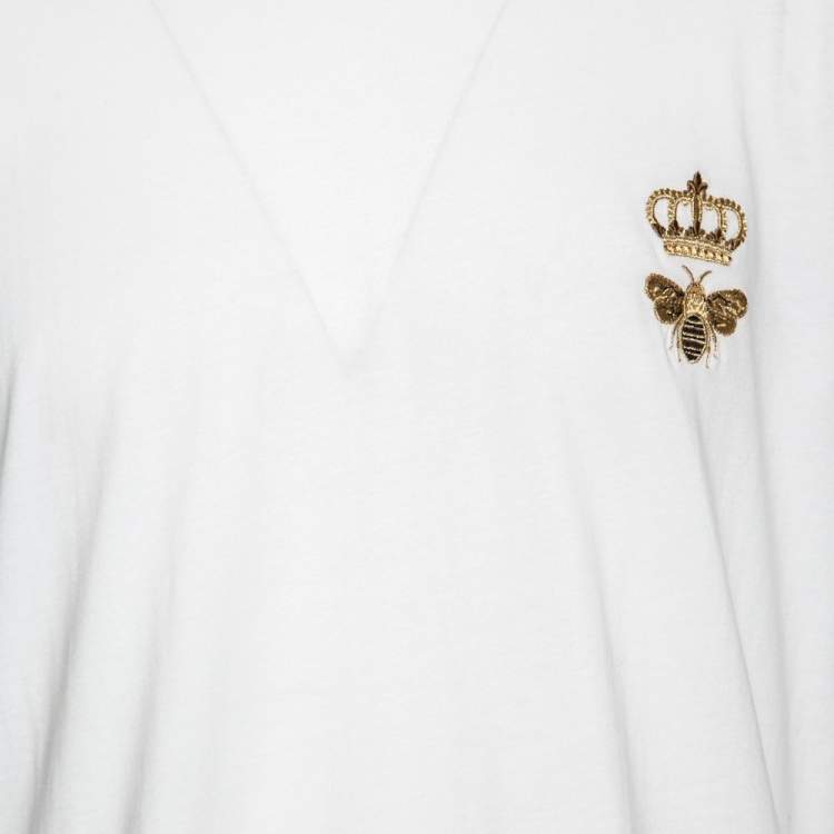 Pre Owned Dolce & Gabbana White Cotton Bee & Crown Embroidered Short Sleeve T-Shirt XXL