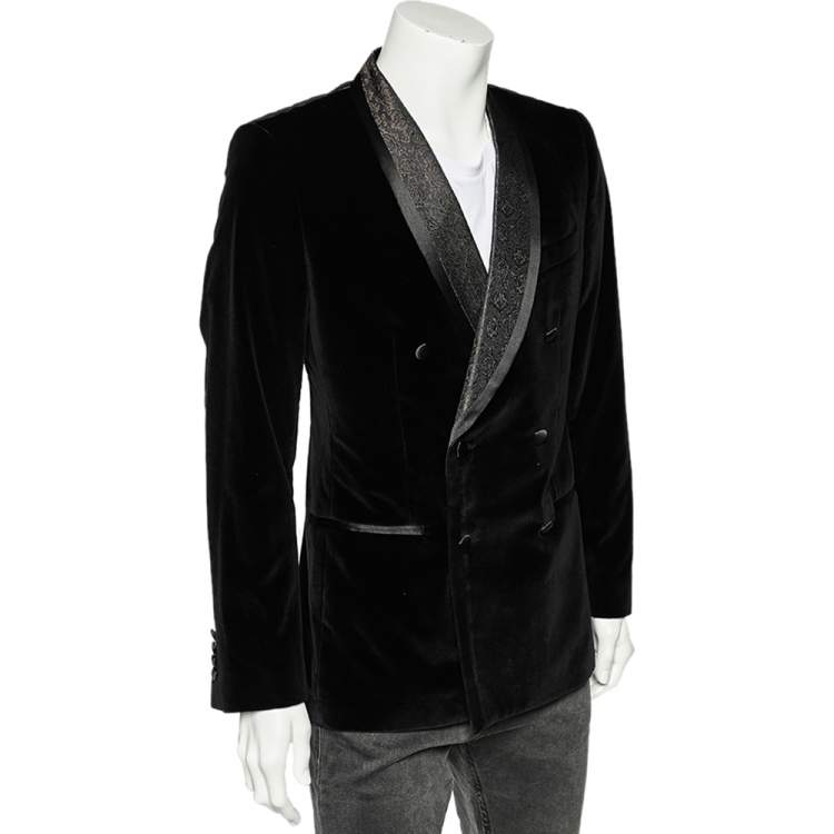 Pre Owned Dolce & Gabbana Black Velvet & Brocade Lapel Double Breasted Blazer M
