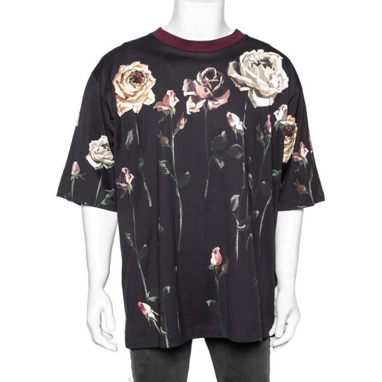 Pre Owned Dolce & Gabbana Midnight Blue Floral Printed Cotton Crewneck T-Shirt XL