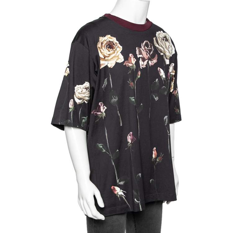 Pre Owned Dolce & Gabbana Midnight Blue Floral Printed Cotton Crewneck T-Shirt XL