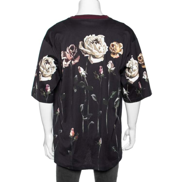 Pre Owned Dolce & Gabbana Midnight Blue Floral Printed Cotton Crewneck T-Shirt XL